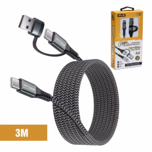 Cable USB-C a USB-C 3 Metros High Full Max HFM-HG-3M | con Adaptador USB-A | Enmallado y 60W, Distribuído en HD Multimedia PERU SAC