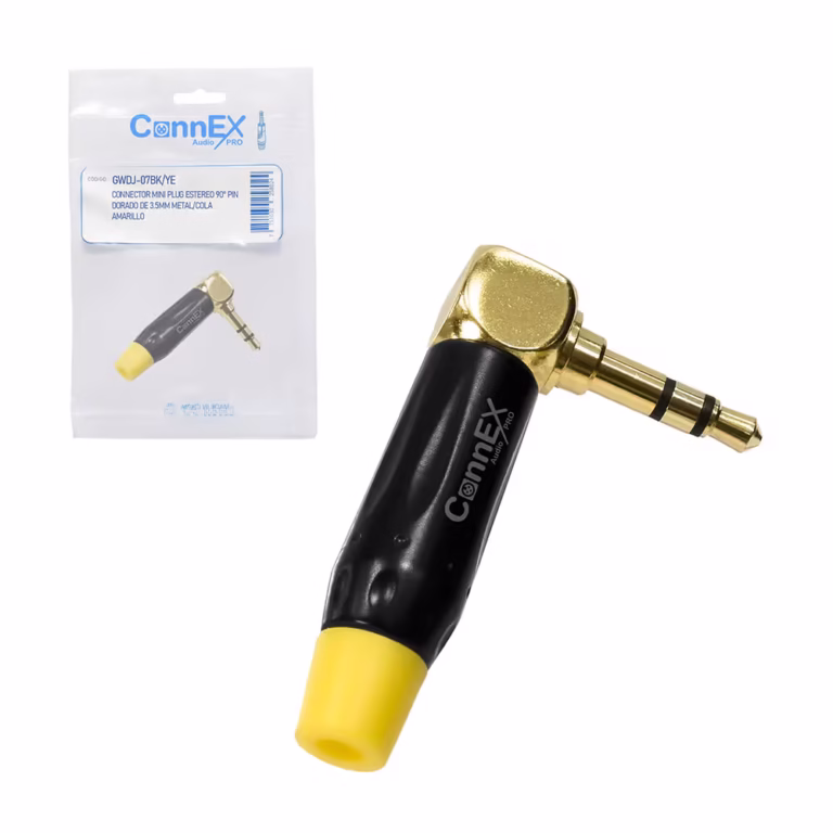 Conector MiniPlug TRS Estéreo 90 Grados Connex GWDJ-07BK-YE Negro Amarillo para Soldar distribuído en HD Multimedia PERU SAC