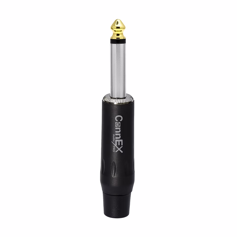 Conector Plug Mono Connex GNYJ BK BK con Pin Dorado Metal Black para Soldar | Audio Profesional de Calidad Distribuído en HD Multimedia PERU SAC