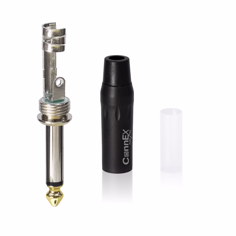 Conector Plug Mono Connex GNYJ BK BK con Pin Dorado Metal Black para Soldar | Audio Profesional de Calidad Distribuído en HD Multimedia PERU SAC