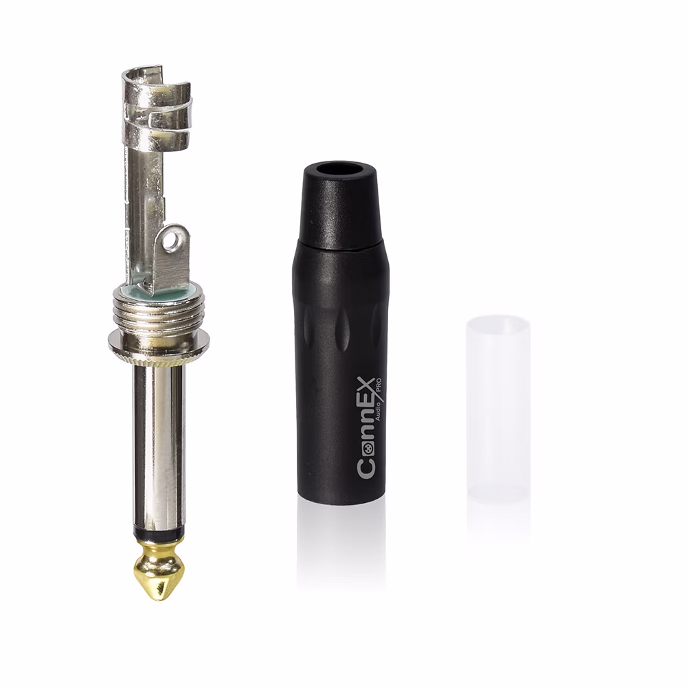 Conector Plug Mono Connex GNYJ BK BK con Pin Dorado Metal Black para Soldar | Audio Profesional de Calidad Distribuído en HD Multimedia PERU SAC