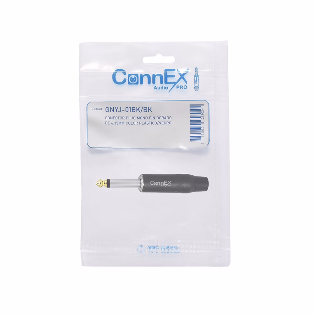 Conector Plug Mono Connex GNYJ BK BK con Pin Dorado Metal Black para Soldar | Audio Profesional de Calidad Distribuído en HD Multimedia PERU SAC