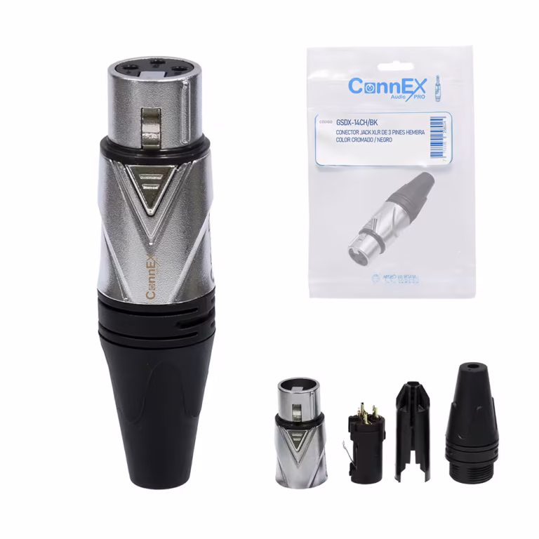 Conector XLR Canon Hembra Connex GSDX-14CH-BK de Zinc Cromado con 3 Pin Dorado para Soldar, Distribuído en HD Multimedia PERU SAC
