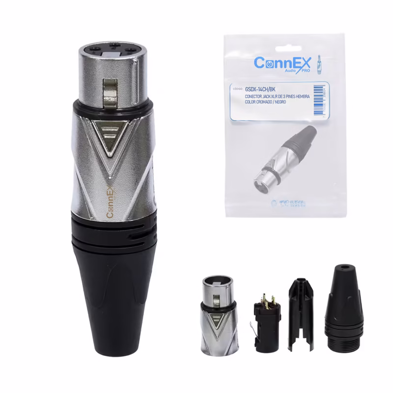 Conector XLR Canon Hembra Connex GSDX CH BK de Zinc Cromado con  Pin Dorado para Soldar Distribuído en HD Multimedia PERU SAC