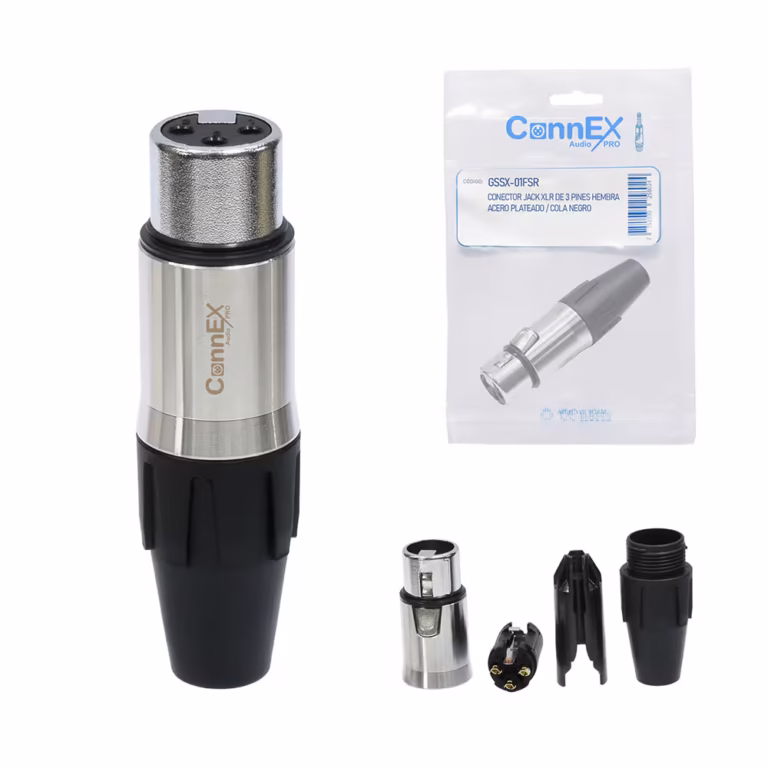 Conector XLR Canon Hembra Connex GSSX-01FSR Gold Plated 3 PIN y Carcasa de Acero para Micrófono y Audio Profesional, Distribuído en HD Multimedia PERU SAC