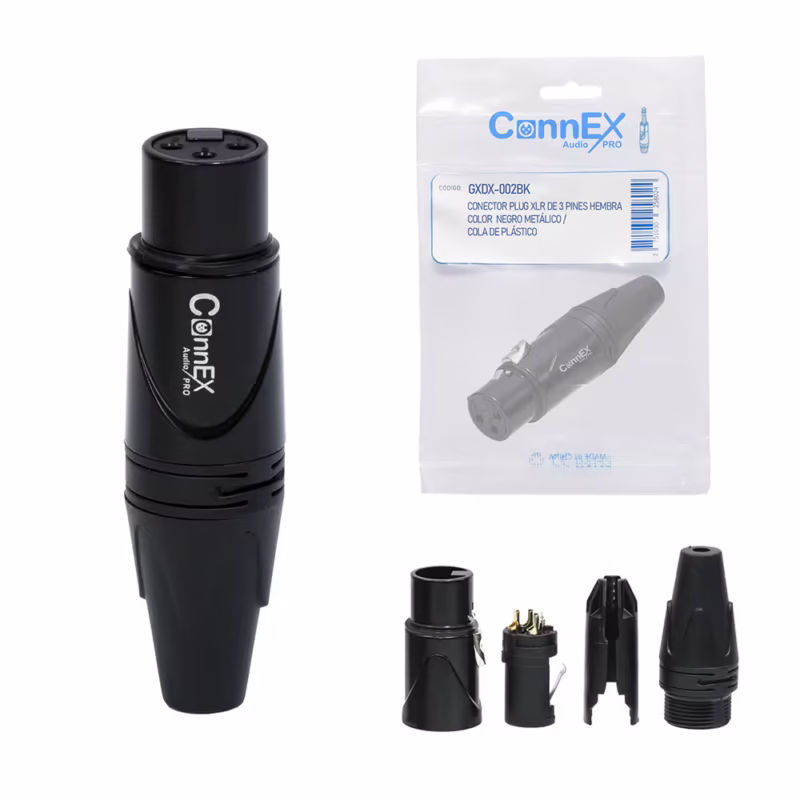 Conector XLR Canon Hembra Connex GXDX BK  Pin Dorado para Soldar | Color Negro