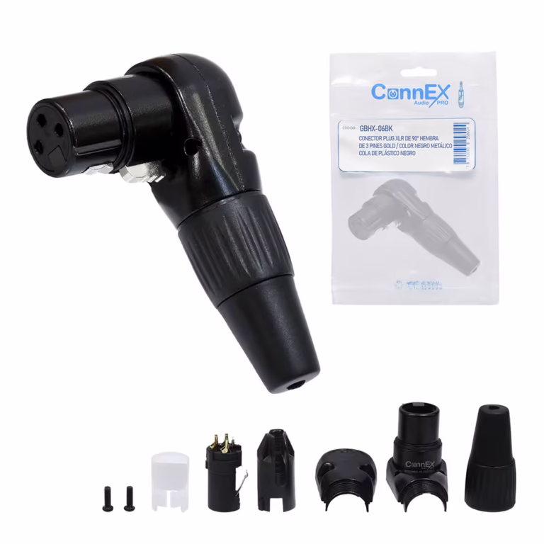 Conector XLR Canon Hembra en L Connex GBHX-06BK Negro con Pin Dorado para Soldar , Distribuído en HD Multimedia PERU SAC