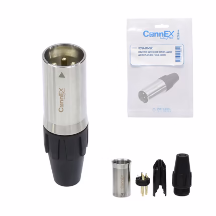 Conector XLR Canon Macho Connex GSSX-01MSR de Acero Cromado con 3 Pin Dorado para Soldar, Distribuído en HD Multimedia PERU SAC