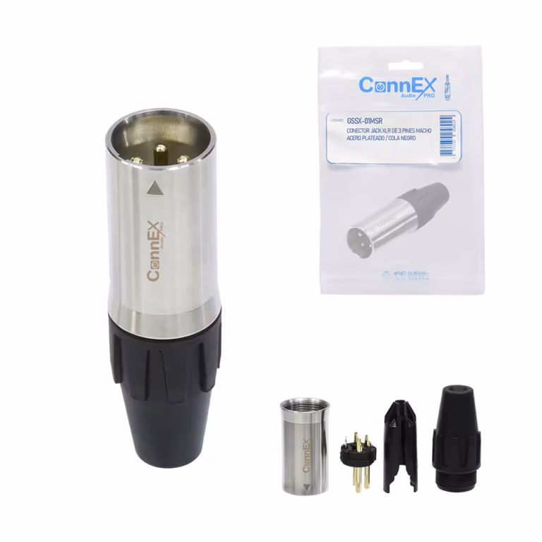 Conector XLR Canon Macho Connex GSSX-01MSR de Acero Cromado con 3 Pin Dorado para Soldar, Distribuído en HD Multimedia PERU SAC