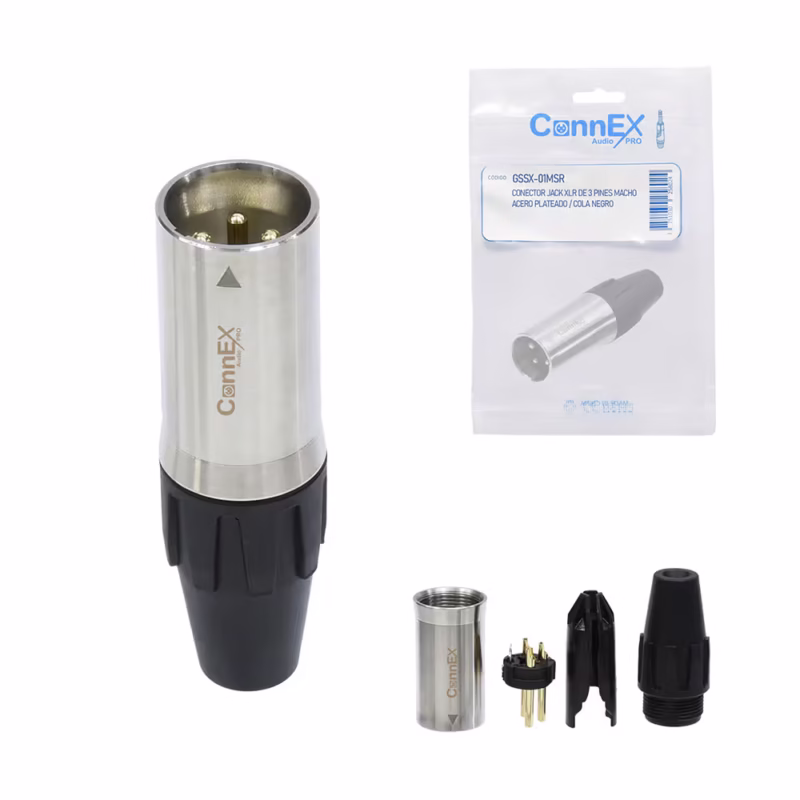 Conector XLR Canon Macho Connex GSSX MSR de Acero Cromado con  Pin Dorado para Soldar Distribuído en HD Multimedia PERU SAC