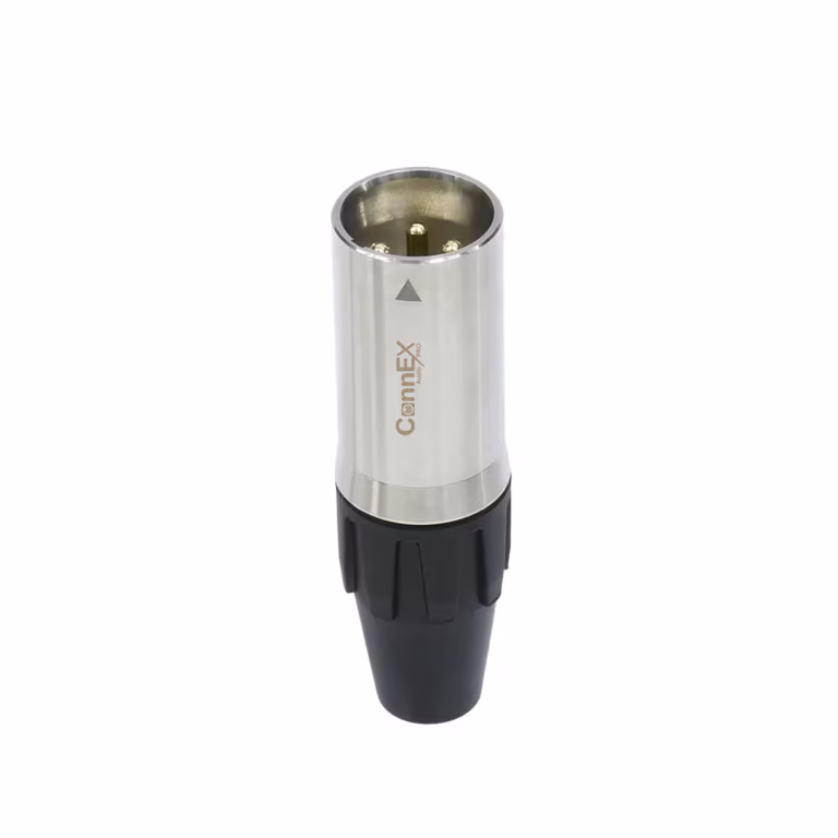 Conector XLR Canon Macho Connex GSSX-01MSR de Acero Cromado con 3 Pin Dorado para Soldar, Distribuído en HD Multimedia PERU SAC