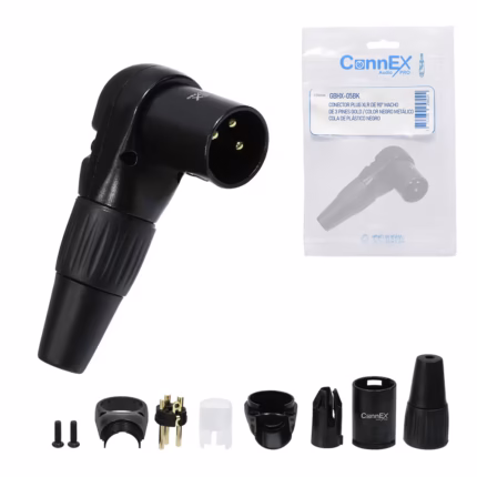 Conector XLR Canon Macho en L Connex GBHX-05BK Negro con Pin Dorado para Soldar | Diseño en 90° Grados, Distribuído en HD Multimedia PERU SAC