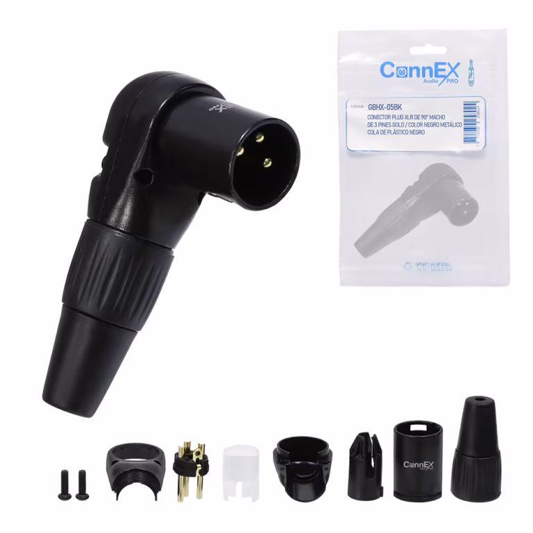 Conector XLR Canon Macho en L Connex GBHX-05BK Negro con Pin Dorado para Soldar | Diseño en 90° Grados, Distribuído en HD Multimedia PERU SAC