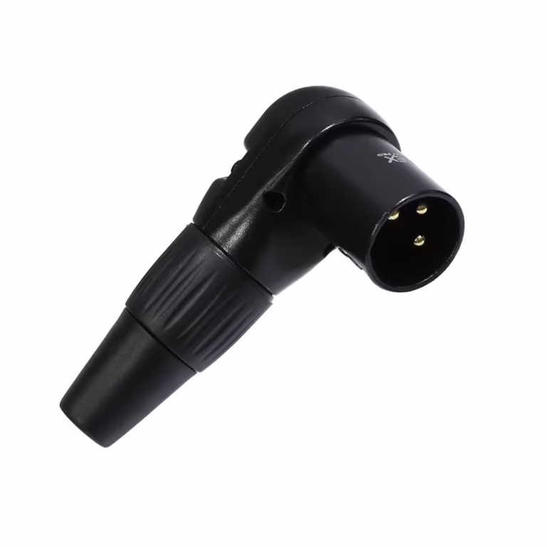 Conector XLR Canon Macho en L Connex GBHX-05BK Negro con Pin Dorado para Soldar | Diseño en 90° Grados, Distribuído en HD Multimedia PERU SAC