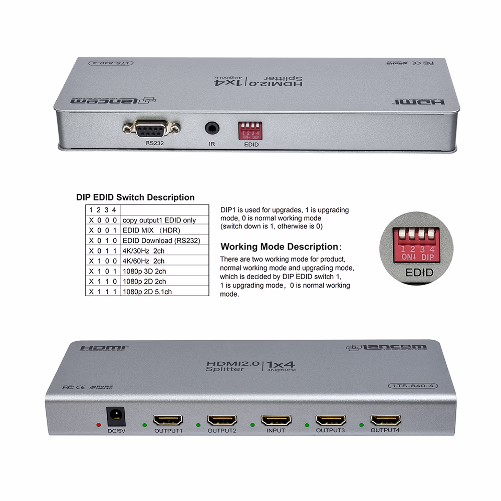 Splitter_HDMI_4K_1x4_Lancom_LTS 840 4_Ultra_HD_Metal_Housing_18Gbps____03____Equipo_EDID HD Multimedia PERU SAC Splitter HDMI K x Lancom LTS Ultra HD Hz | Divisor de Video Entrada Salidas Distribuído en HD Multimedia PERU SAC