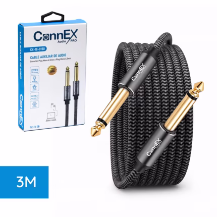 Cable Plug Mono de 3M Enmallado Connex CX-18-0150-3M | Cable Jack 1/4 6.35mm TS para Guitarra e Instrumentos Musicales | Gold Plated, Distribuído en HD Multimedia PERU SAC