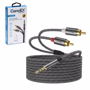 Cable de Audio RCA a MiniPlug Estéreo de 5 Metros Connex CX-13-0150-5M | Cable Enmallado de Nylon Gold Plated Premium, Distribuído en HD Multimedia PERU SAC