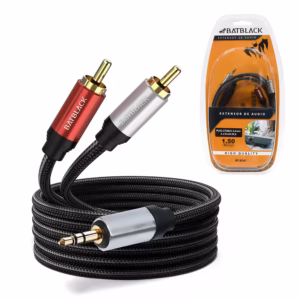 Cable de Audio RCA a MiniPlug Estéreo BatBlack BT-8241 1.5 Metros | Cable Enmallado de Nylon Gold Plated Premium, Distribuído por HD Multimedia PERU SAC