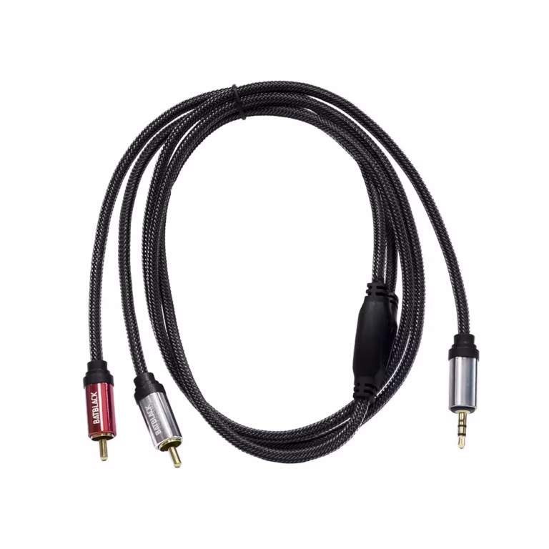 Cable de Audio RCA a MiniPlug Estéreo BatBlack BT-8241 1.5 Metros | Cable Enmallado de Nylon Gold Plated Premium, Distribuído por HD Multimedia PERU SAC