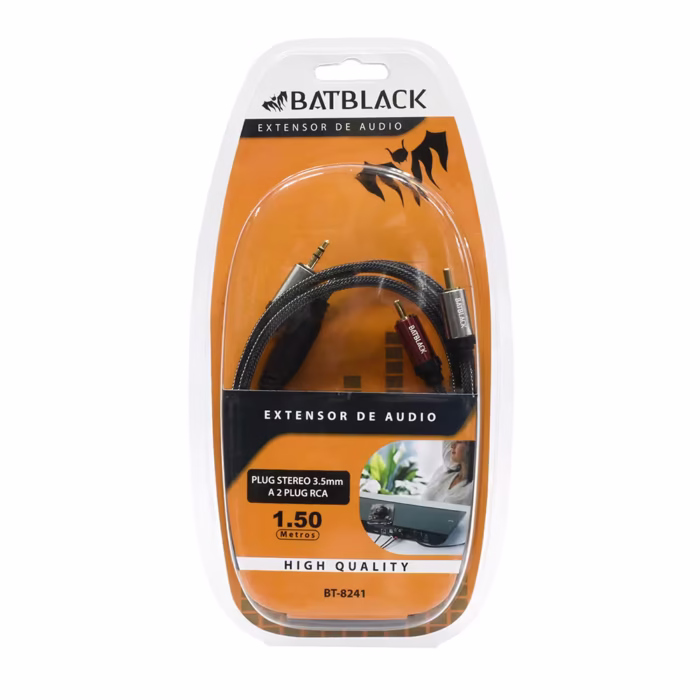 Cable de Audio RCA a MiniPlug Estéreo BatBlack BT   Metros | Cable Enmallado de Nylon Gold Plated Premium Distribuído por HD Multimedia PERU SAC