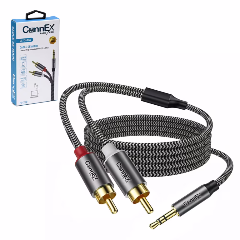 Cable de Audio RCA a MiniPlug Estéreo 1.8 Metros CONNEX CX-13-0150-1.8M | Gold Plated | Enmallado Resistente | Cabezal Metálico | 100% cobre, Distribuído en HD Multimedia PERU SAC