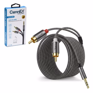 Cable de Audio RCA a MiniPlug Estéreo 3 Metros Connex CX-13-0150-3M | Cable Enmallado de Nylon Gold Plated Premium | 100% Cobre Libre de Oxígeno, Distribuído en HD Multimedia PERU SAC