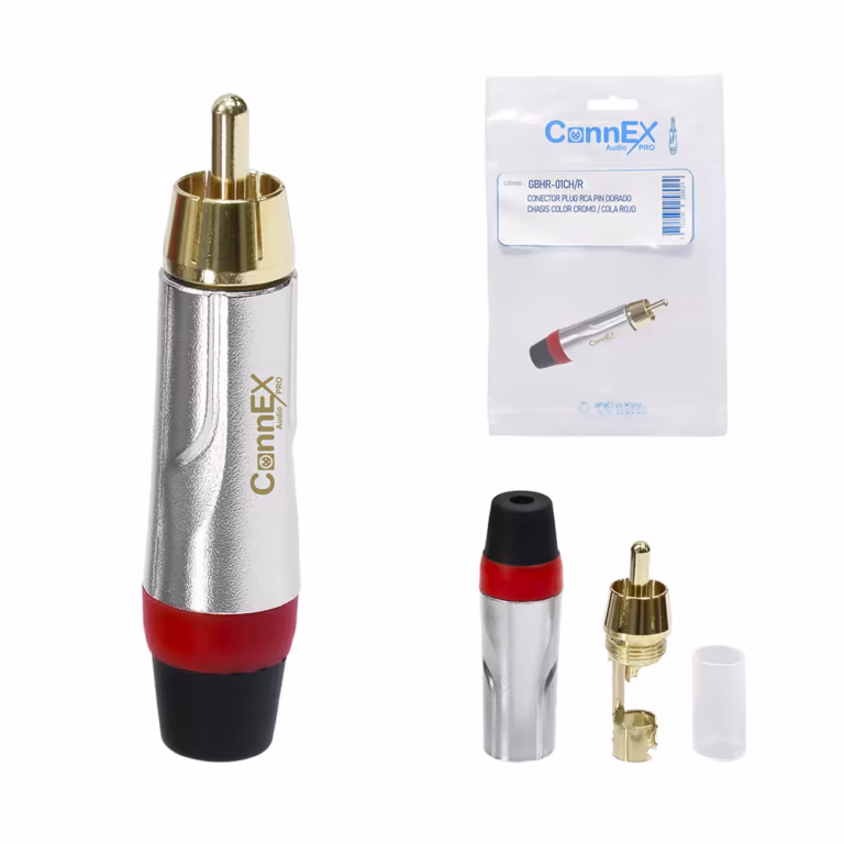 Conector Plug RCA Connex GBHR-01CH-R Terminal Rojo para Soldar | Metal Housing Pin Gold Plated Distribuído en HD Multimedia PERU SAC