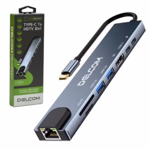 Docking USB-C 8 en 1 Delcom DL-CHUB801 | HDMI 4K 30Hz | Lan Gigabit | Lector SD TF | 2 USB 3.0 | USB-C Data y PD 100W, Distribuído en HD Multimedia PERU SAC