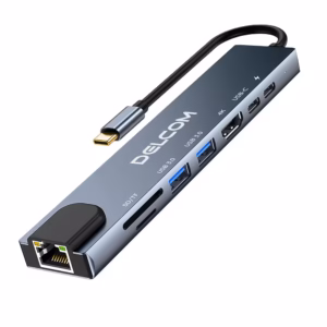 Docking USB-C 8 en 1 Delcom DL-CHUB801 | HDMI 4K 30Hz | Lan Gigabit | Lector SD TF | 2 USB 3.0 | USB-C Data y PD 100W, Distribuído en HD Multimedia PERU SAC