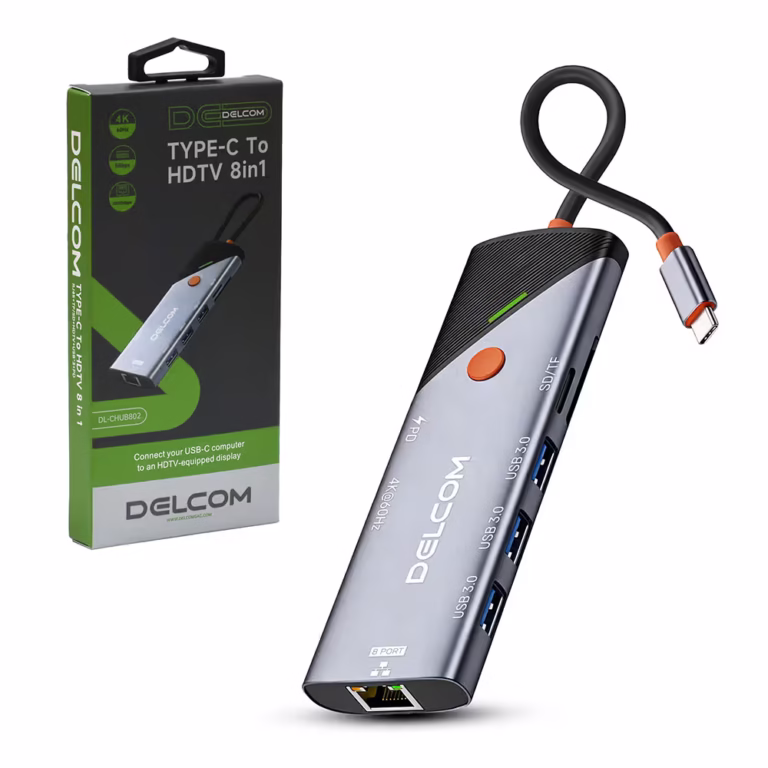 Docking USB-C 8 en 1 Delcom DL-CHUB802 | Estación de Acoplamiento HDMI 4K 60Hz y Ethernet Gigabit RJ45 | 3 USB 3.0 | Lector SD/TF y PD 100W, Distribuído en HD Multimedia PERU SAC