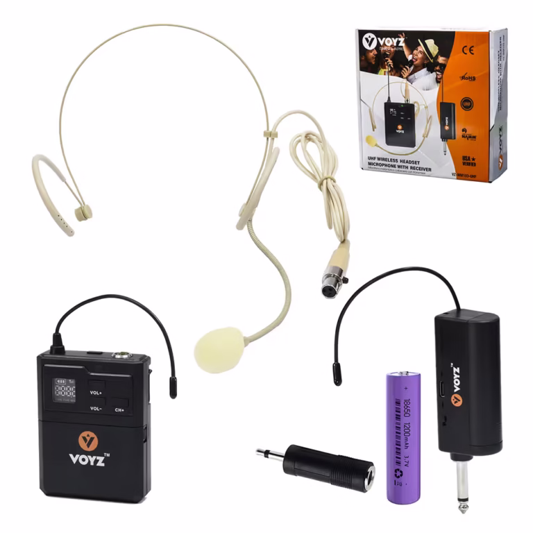 Micrófono Inalámbrico de Vincha Recargable UHF VOYZ VZ-WM103-UHF | Sistema de Diadema Portátil Alcance 60m, Distribuído en HD Multimedia PERU SAC